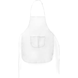 A white apron with a front pocket and ties, featuring a logo. Ideal for workwear use.