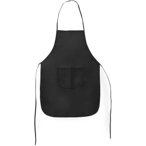 A black apron featuring a front pocket and ties for fastening, designed for workwear purposes.