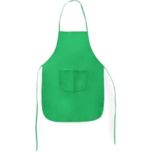 A green apron with a front pocket and tie straps, featuring a logo.