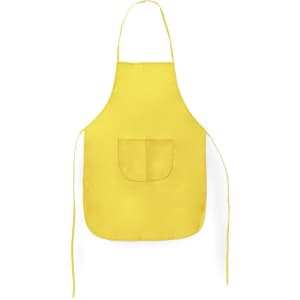 A yellow apron featuring a pocket and ties on either side. The apron also has a logo.