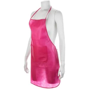 A pink apron displayed on a mannequin, featuring a front pocket and neck ties.
