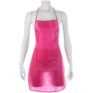 A bright pink apron on a mannequin, featuring a front pocket and adjustable neck straps, with a logo present.