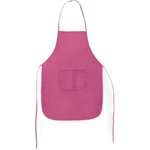 A pink apron with a front pocket and ties at the neck and waist, featuring a logo.