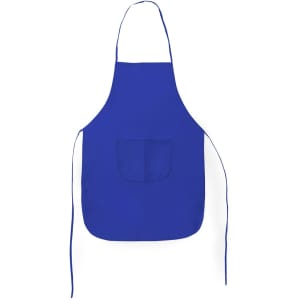 A blue apron featuring a front pocket and ties for fastening, with a logo at the top.