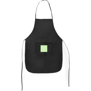 A black apron featuring a single mint green pocket and a logo.