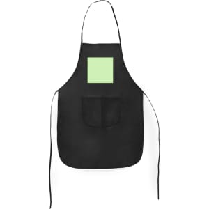A black apron with a mint green square and a front pocket, featuring a logo on the upper part.