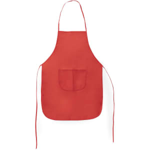 A red apron featuring a front pocket and ties for easy wear. The design is simple and functional.