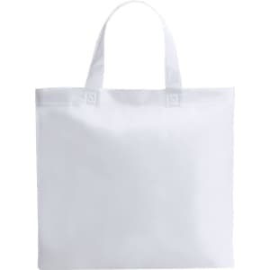 A reusable grocery bag in white with two handles and a simple design, featuring a logo.