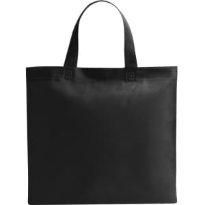 A black reusable grocery bag with two handles and a simple design, featuring a logo on the front.