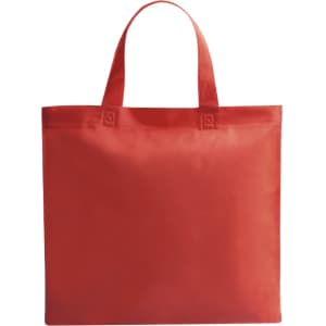 A red reusable grocery bag with two handles and a smooth texture. It features a branding logo.