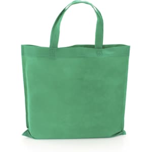 A green reusable grocery bag with two handles and a simple design. It features a logo on one side.
