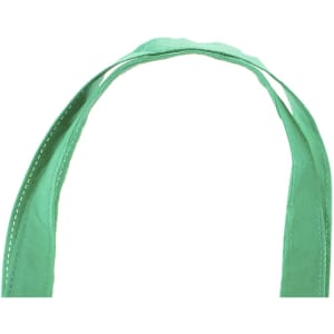 A green reusable grocery bag with handles, featuring crisp edges and fabric-like texture.