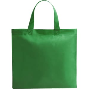 A green reusable grocery bag with two handles and a plain design, featuring a logo on one side.