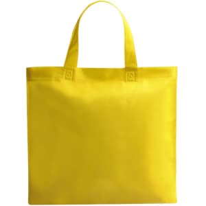 A yellow reusable grocery bag with two handles and a smooth, simple design. It has a logo on one side.