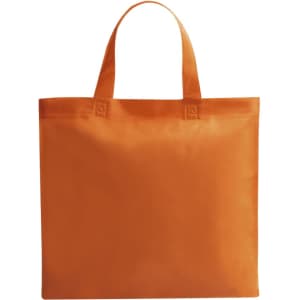 An orange reusable grocery bag with two handles and no visible text or logos.