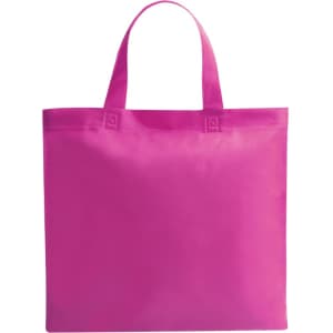 A vibrant pink reusable grocery bag with two handles and a simple design. It features a logo.