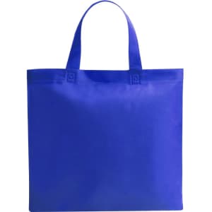 A reusable grocery bag in bright blue with two sturdy handles and an unembellished design.