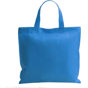 A blue reusable grocery bag with two handles and a logo on the side.