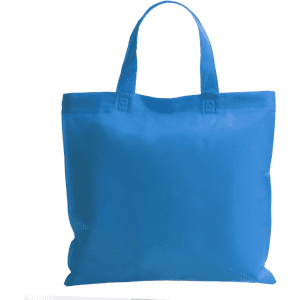 A blue reusable grocery bag with two handles and a simple design, featuring a logo on one side.