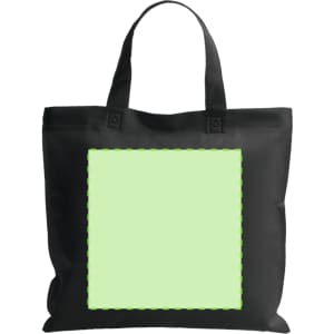 A black reusable grocery bag with two handles and a blank green square space on the front.