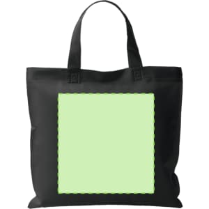 A black reusable grocery bag with sturdy handles and a green blank square area for custom designs.