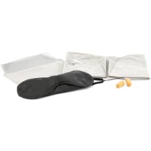 A travel set including a black eye mask, ear plugs, and beige sleep accessories, all in a compact layout.