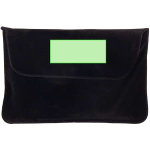 A black travel pouch featuring a flap closure and a green label section for personalisation.