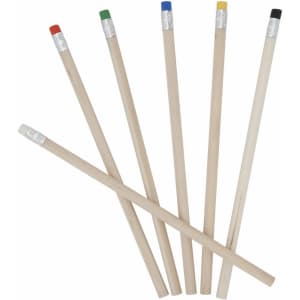 A collection of grey-lead pencils in various colours: green, blue, yellow, red, and black, with silver eraser caps.