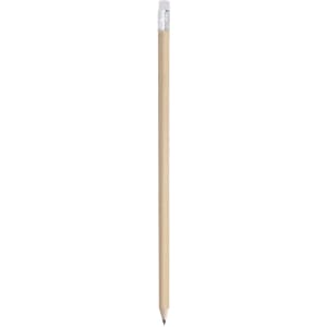 A grey-lead pencil in a natural wood finish with a silver eraser at the top. It features a logo.
