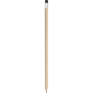 A grey-lead pencil with a wooden shaft and an eraser on top, featuring a silver band.