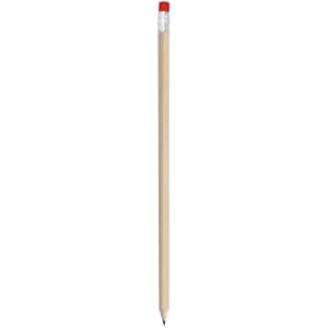 A grey-lead pencil with a wooden body and a red eraser at the top, featuring a silver ferrule.