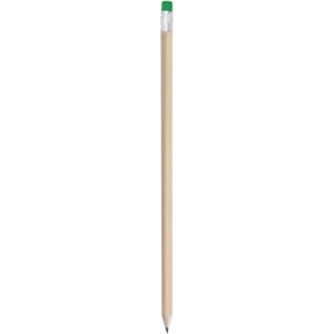 A grey-lead pencil with a wooden body and a green eraser at the top. It features a silver-coloured ferrule.