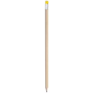 A grey-lead pencil with a natural wood finish and a yellow eraser at the top. It features a logo.