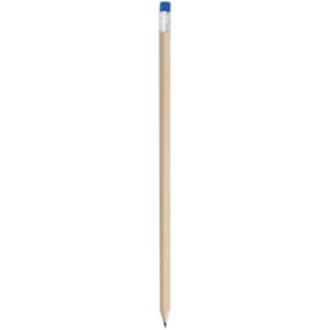 A grey-lead pencil with a wooden shaft and a blue eraser on top. Features a silver ferrule.