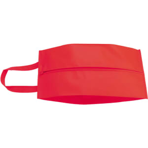 A red Recco shoe bag with a zip closure and two handles, featuring branding.