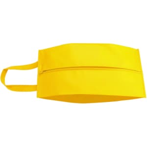 A yellow shoe bag with a zip and two handles, featuring a smooth surface and a branded logo.