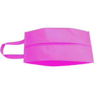 A bright pink shoe bag with handles and a zip closure. The bag features a smooth, glossy surface.