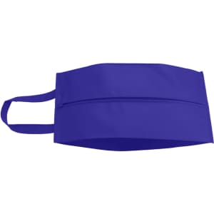 A purple shoe bag with a zipper and handle, featuring a logo. The bag has an angular, flat design.