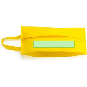 A bright yellow shoe bag with a zip closure and a green accent area, featuring a carry handle.