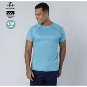 A light blue adult t-shirt with short sleeves and a logo, made from technical fabric.