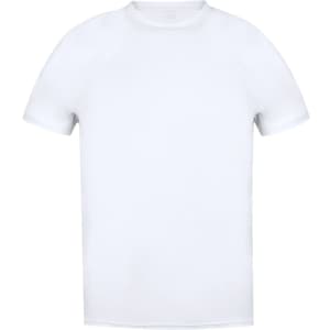 A plain white adult T-shirt featuring a logo on the front. The shirt has a short sleeve and a simple design.