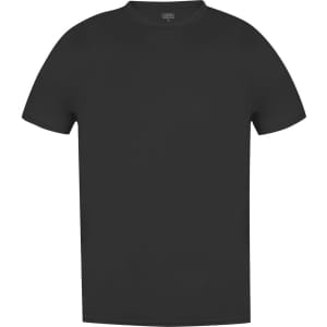 A black adult T-shirt with short sleeves and a round neckline, featuring a logo.