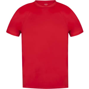 A red adult T-shirt featuring a simplistic design and a standard round neck, with a logo on the chest.