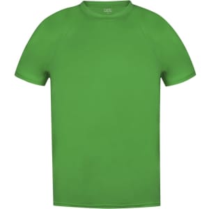 A green adult t-shirt with a round neckline and short sleeves. It features a logo on the label.