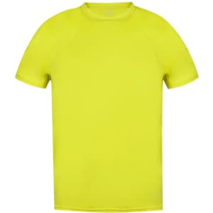 A bright yellow adult T-shirt with a simple design and short sleeves, featuring a logo.