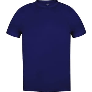 A blue adult t-shirt featuring short sleeves and a round neckline, with a logo on the label.