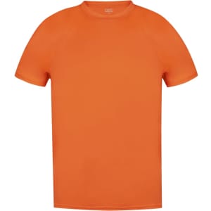 An orange adult T-shirt with a crew neck and short sleeves, featuring a logo.