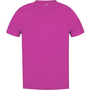 A pink adult T-shirt with a crew neck design and short sleeves. It features a logo on the label.