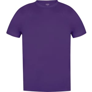 A purple adult T-shirt with short sleeves and a simple design, featuring a logo on the inside.