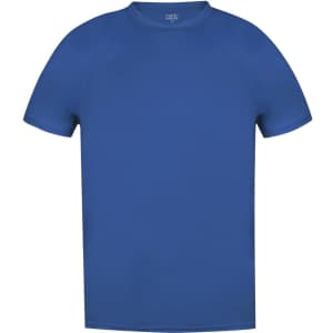 A blue adult T-shirt with short sleeves, featuring a logo on the neckline.